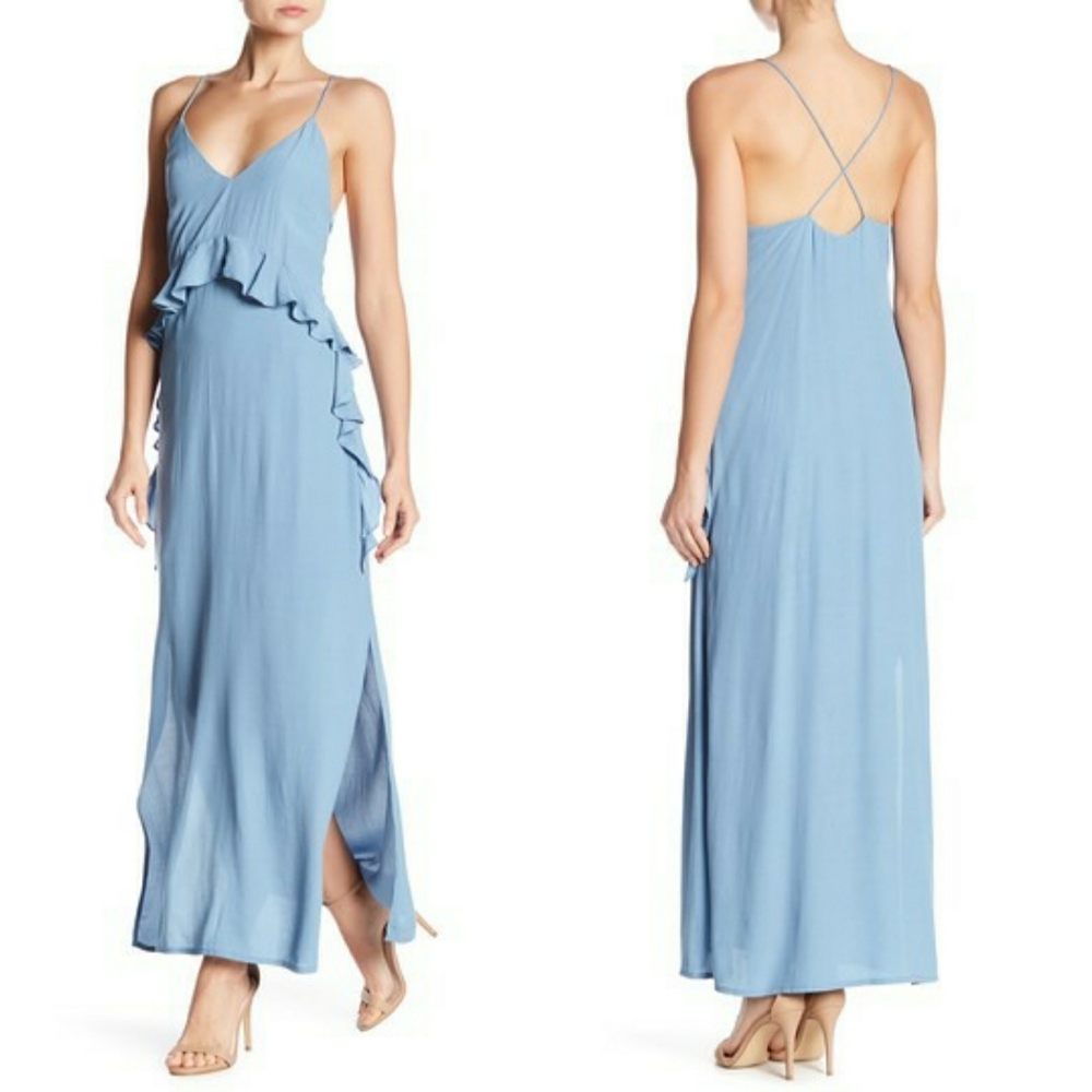 Revolve Elliatt Rapture Ruffles Maxi Dress Steel Blue Wedding Guest NEW - Picture 1 of 5
